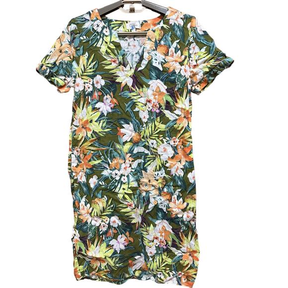Capture Women Dress Size 10 Green Orange Yellow Floral Linen Viscose Pockets - Picture 1 of 7